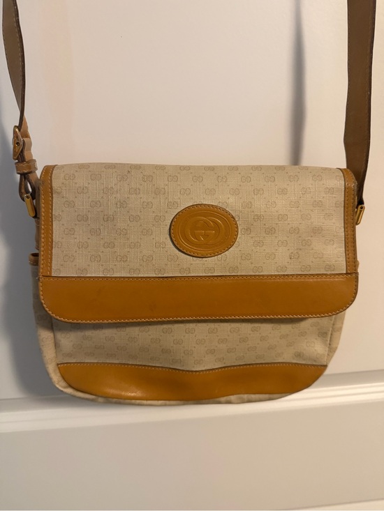 Gucci Handbags - Gucci Beige Monogram Messenger Bag with Tan Leather Accents